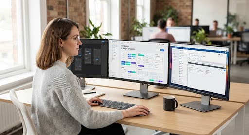Designer workspace with dual monitors showing UI kit layouts