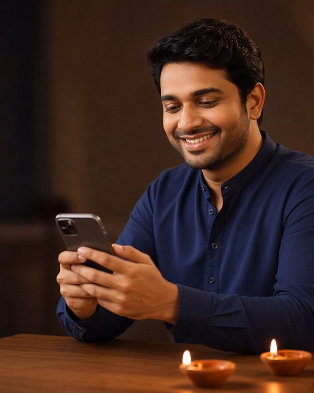 A smiling young man sends a Diwali wish from his phone, with lit diyas and marigolds on the table