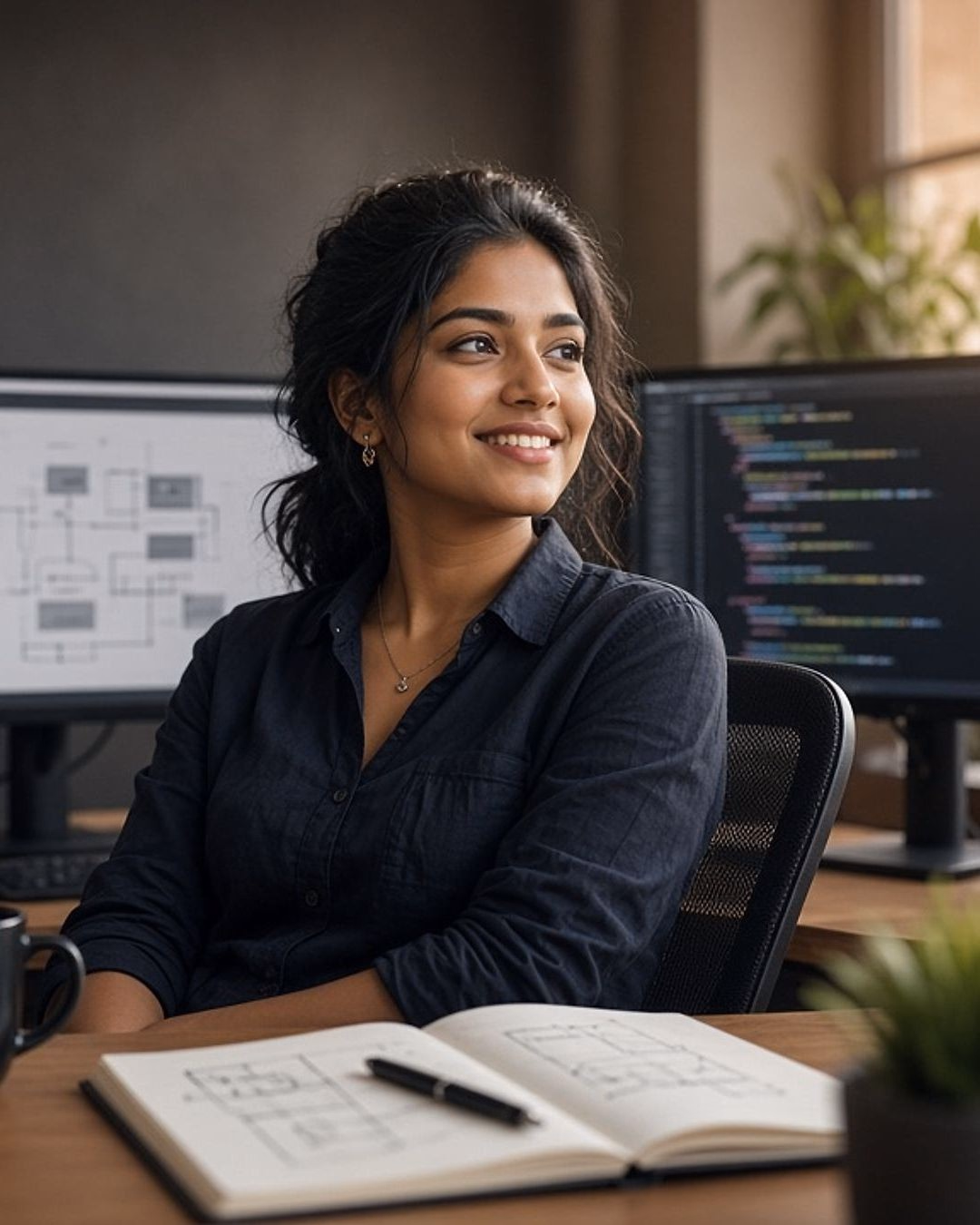 A UI/UX designer smiles at a dual-monitor desk with a design file and code open, routine asset work already done
