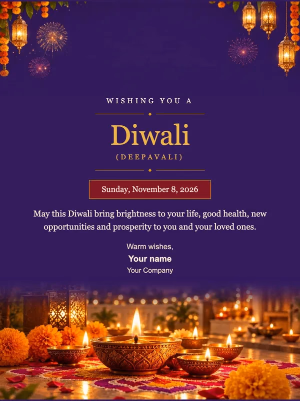 Preview of the Diwali (Deepavali) 2026 email template