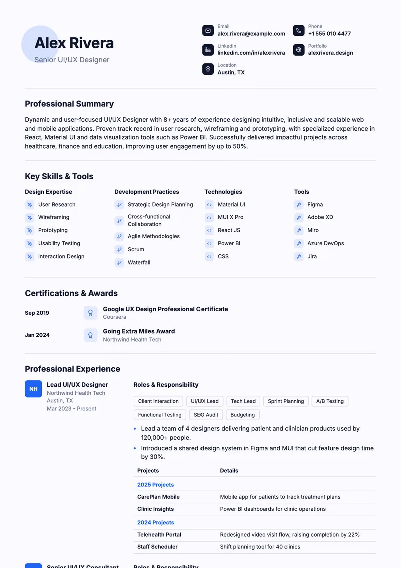 Preview of the UI UX Designer resume template